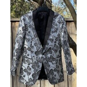 Suslo Couture Mens Silver Black Smoking Jacket Blazer Lapels Floral XS